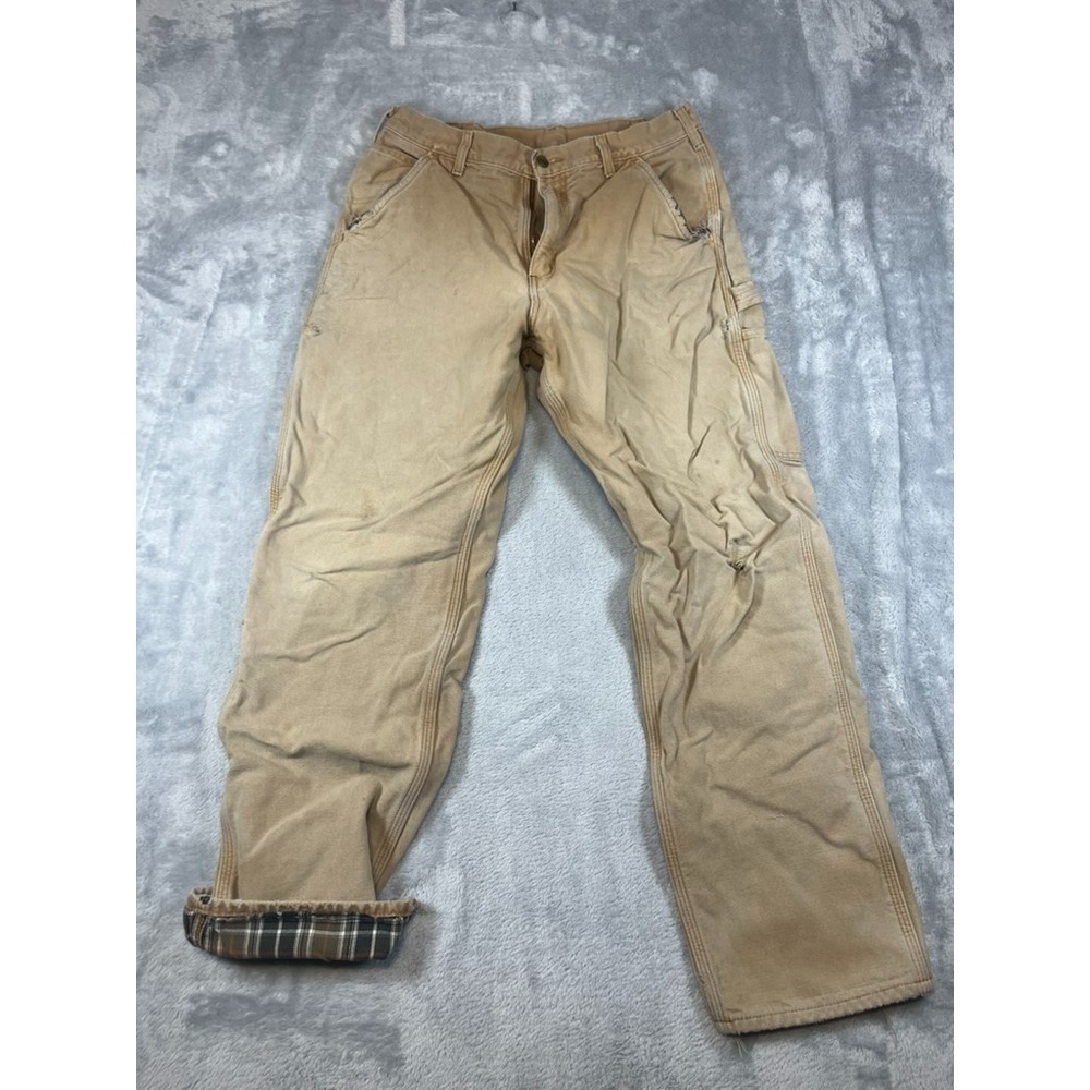 Carhartt B111 Flannel Lined Pants Mens 33x32 Brown Duck Canvas Carpenter Work
